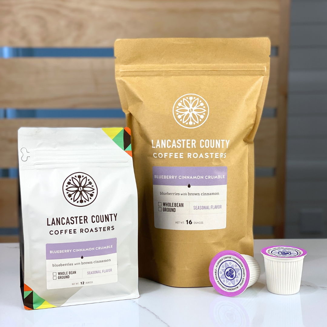 Blueberry Cinnamon Crumble Coffee with Blueberries and Cinnamon Bags and KCups - Lancaster County Coffee