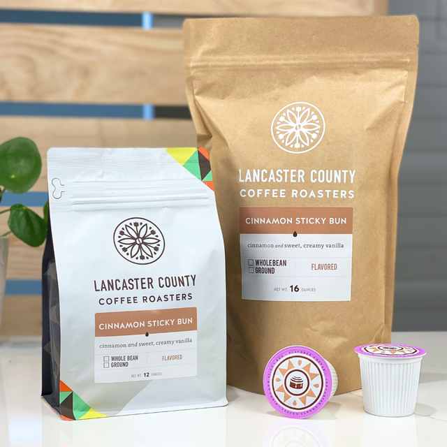 Cinnamon Sticky Bun - Cinnamon and Creamy Vanilla Flavored Coffee Beans and KCups - Lancaster County