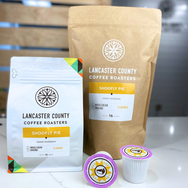 Shoofly Pie Flavored Coffee Beans and Single Brew Cup - Lancaster County Coffee