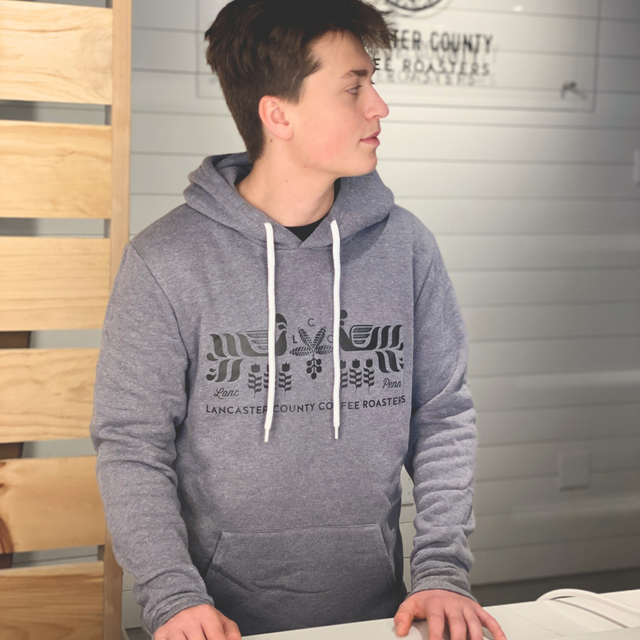 Gray Lancaster County Coffee Sweatshirt on Male Model 