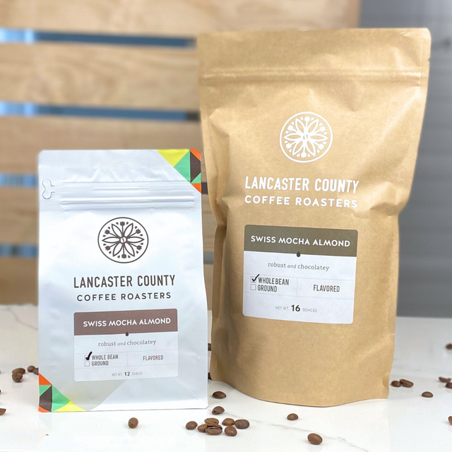 Swiss Mocha Almond robust and chocolatey coffee beans - Lancaster County Coffee.