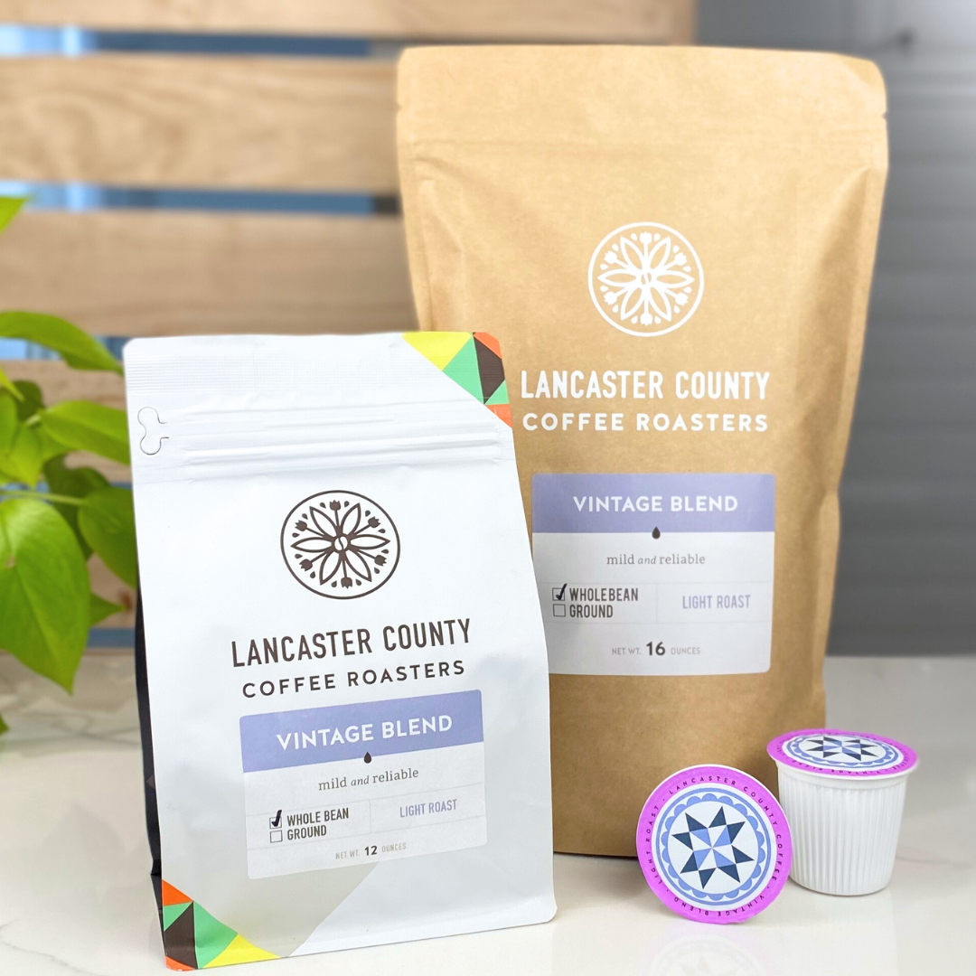 Vintage Blend mild and reliable Amish Coffee Bags and KCups- Lancaster Counfy Coffee.